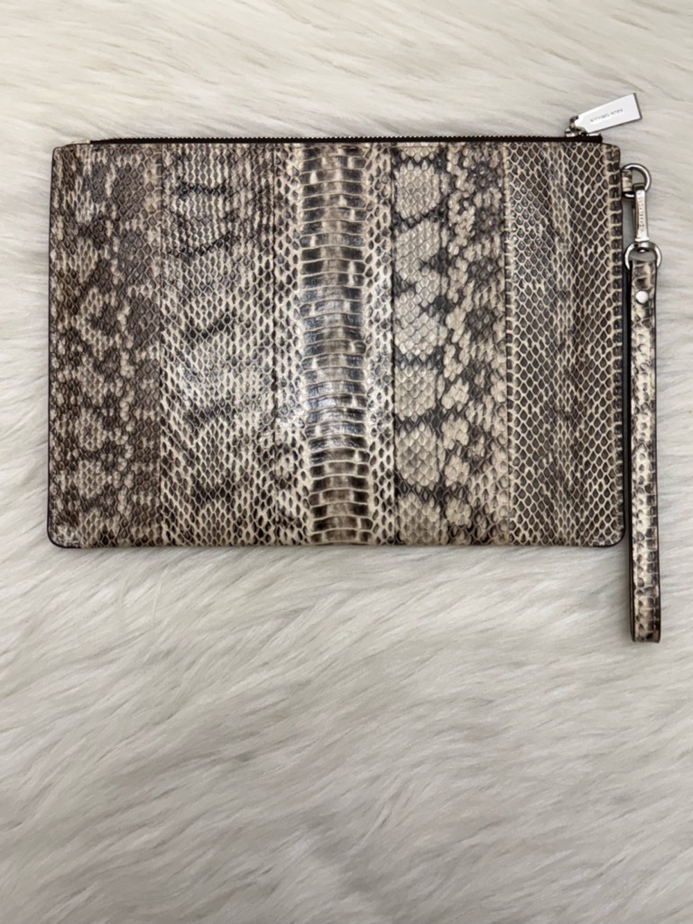 MICHAEL KORS - GENUINE GREY TAN SNAKE SKIN LEATHER SUEDE WRISTLET CLUTCH BAG - Picture 3 of 14